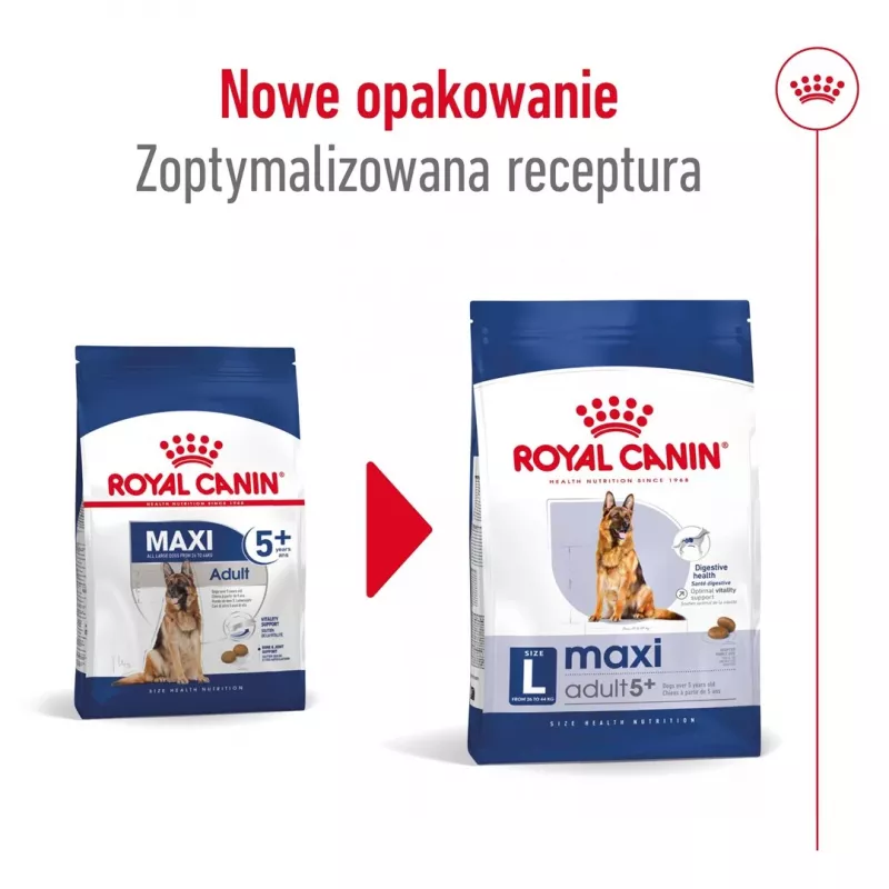 Sausas šunų maistas Royal Canin Maxi Adult 5+ 15 kg — vištiena, baltymų 26%, riebalų 17%