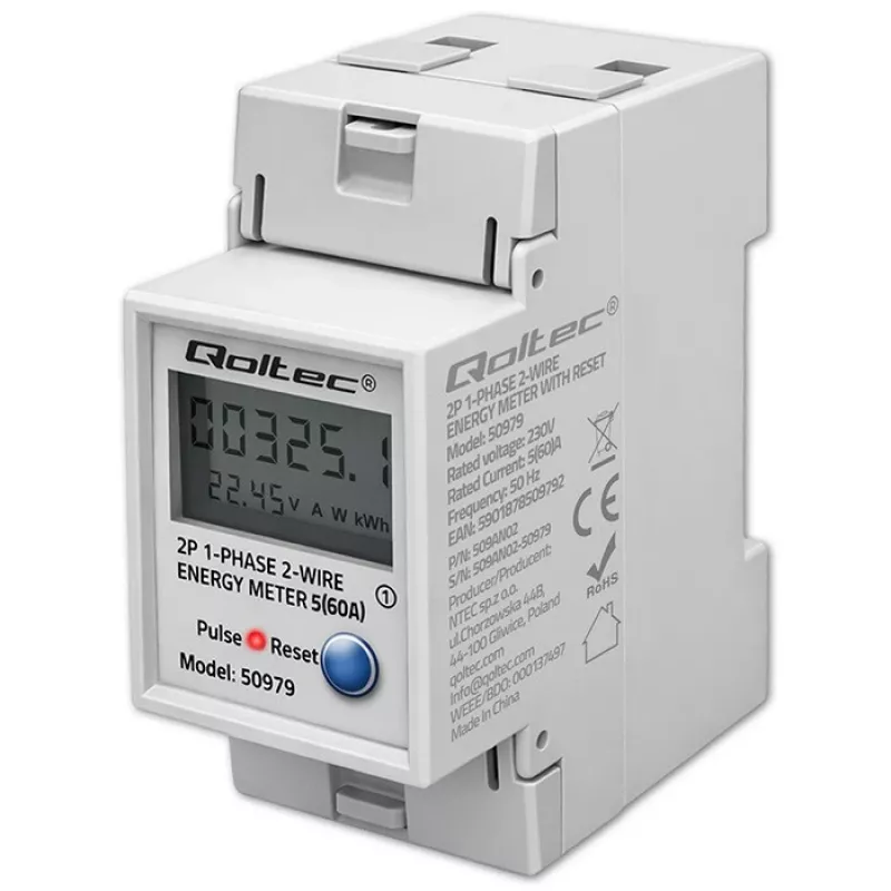 Energijos skaitiklis QOLTEC Vienfazis DIN bėgiui 230V (MPN 50979)