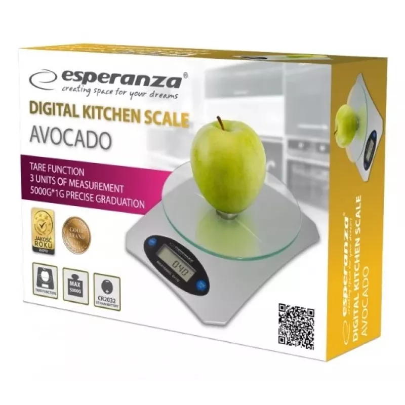 Elektroninė virtuvinė svarstyklė ESPERANZA Avocado Pilka — 5 kg talpa, bambukinė platforma, g/lb/oz vienetai