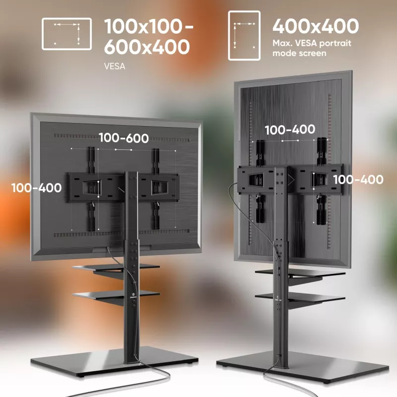 Ant grindų stovintis televizoriaus stovas ONKRON TS5550-B, skirtas 32–65 colių (81,3–165,1 cm), maksimali apkrova 30 kg, VESA 100x100–600x400, aukštis 880–1080 mm, pasukimas ±25°