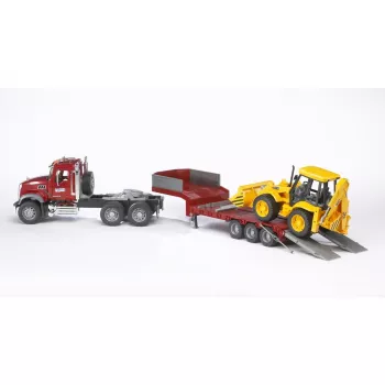 Žaislinis vilkikas su žemakrove priekaba ir JCB 4CX priedu, BRUDER, modelis BR-02813, ABS konstrukcija, įvairiaspalvis