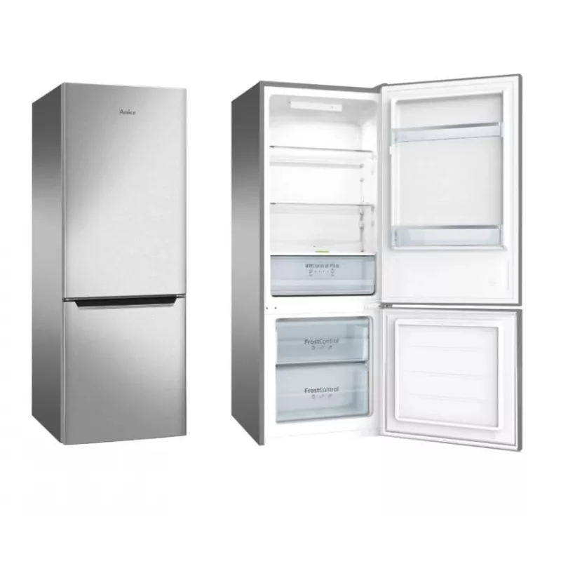Laisvai pastatomas šaldytuvas-šaldiklis AMICA KGCL 384 160 E, bendras 205 L, šaldytuvas 153 L, šaldiklis 52 L, apatinis šaldiklis, nerūdijantis plienas