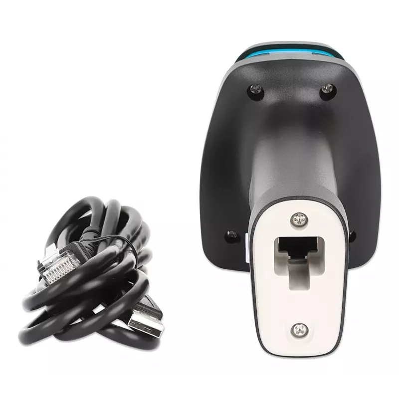 Manhattan 2D ilgo nuotolio LED brūkšninių kodų skaitytuvas, USB, 450 mm skaitymo gylis, maks. aplinkos apšvietimas 100 000 liuksų (saulės šviesa), palaiko simboliką – 1D (x21 versijos) ir 2D (x10 versijos), skaitytuvo RJ45 į USB 1,8 m laidas (populiariausias tipas, kuris yra USB-A), juodas, 3 metų garantija