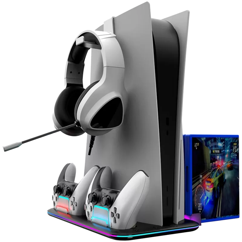 Aušinimo stovas CANYON CS-51 RGB, skirtas PS5 plonas juodas su dvigubu valdiklių įkrovimu