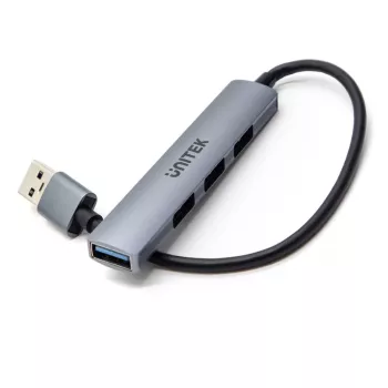 USB šakotuvas Unitek H1208A — 4 prievadai (1 × USB 3.2 Gen 1 Type-A, 3 × USB 2.0), aliuminio korpusas, pilka, 0,20 m laidas