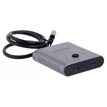 USB-C šakotuvas Unitek D1078A — USB-C dokinimo stotis, 2x USB-C įvestis, 1x USB-C išvestis, 100 W PD, 4K palaikymas, 3840×2160 maks., pilka