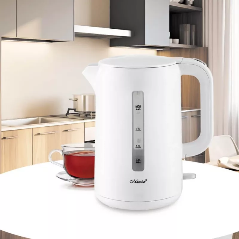 Elektrinis virdulys Maestro MR-022-WHITE, 2,2 l, 1850–2200 W, plastikinis korpusas, 360° pasukamas pagrindas, kalkių filtras, vandens lygio indikatorius