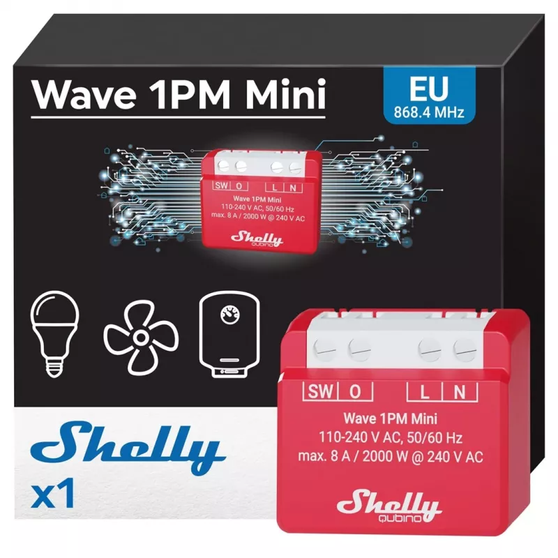 Sieninė išmanioji relė „Shelly 1PM“ – vieno kanalo Z-Wave mini jungiklis, 110–240 V, 8 A, 2000 W, 868,4 MHz