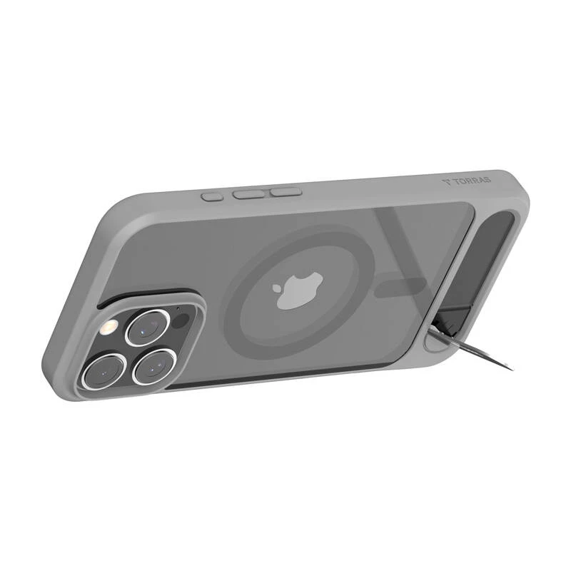 Apsauginis telefono dėklas Torras Pstand Series, skirtas iPhone 16 Pro Max, pilkas, plonas profilis su integruotu stovu