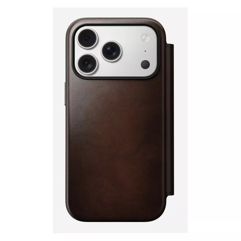 Mobiliojo telefono dėklas Nomad Modern Leather Folio, skirtas iPhone 17 Pro, oda/aliuminis, 16 cm (6,3 colio) rudas, 4 kortelių skyreliai