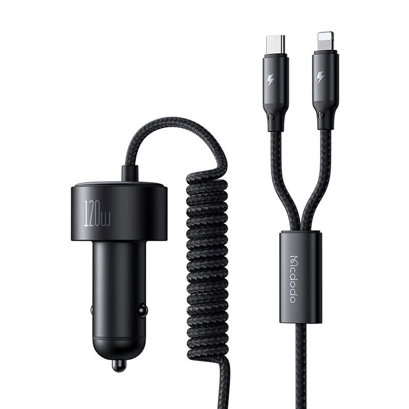 Mcdodo CC-0370 automobilinis įkroviklis, USB-C, Lightning, 120W, ištraukiami kabeliai