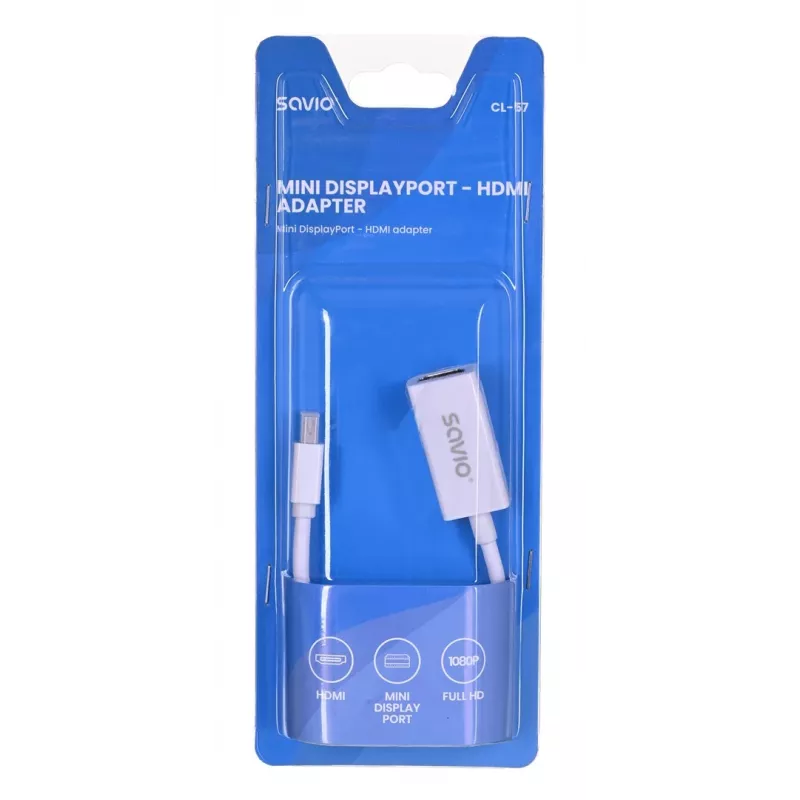Vaizdo kabelio adapteris SAVIO Mini DisplayPort (kištukas) į HDMI Type A (lizdas) 0,2 m, baltas