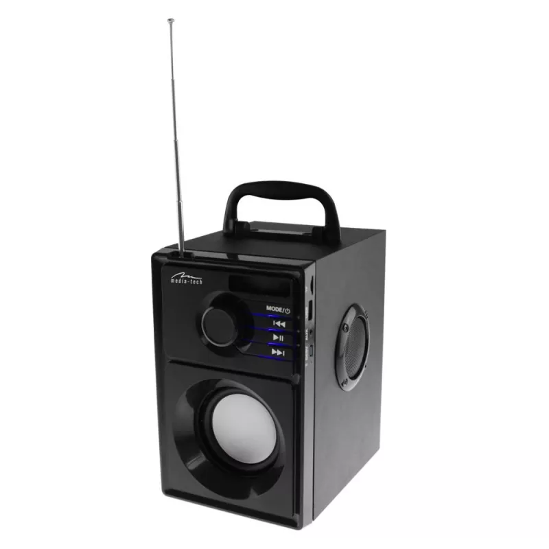 Belaidis garsiakalbis MEDIA-TECH MT3179, 20 W (RMS 15 W), Bluetooth 5.1, FM, MicroSD, USB, AUX, ličio jonų, 6 val., medinis korpusas