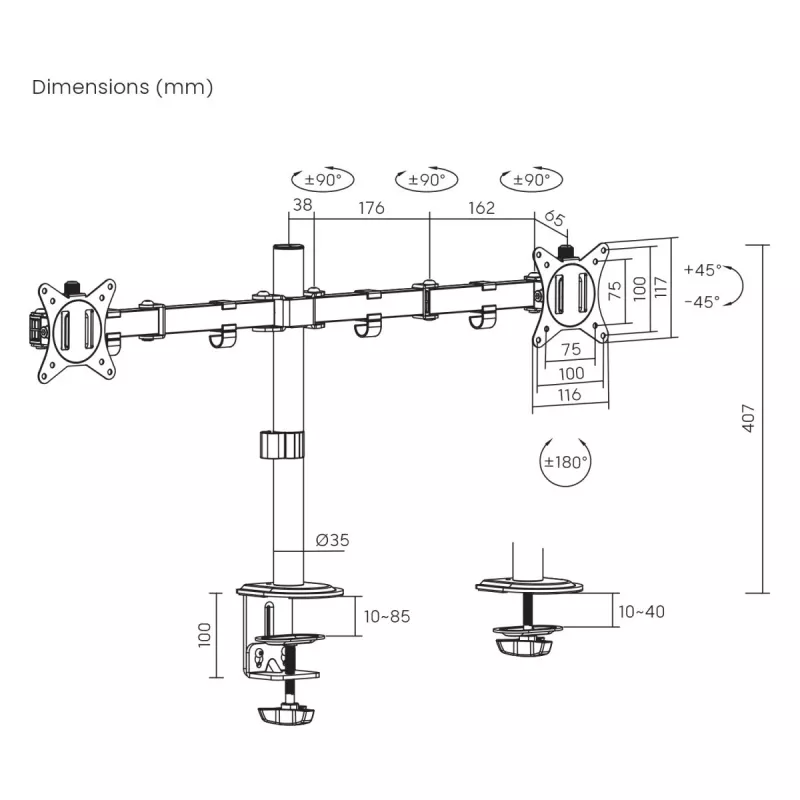 Stalinis laikiklis Maclean 2 monitoriams, VESA 75x75 ir 100x100, 17-32, 2x 9kg, MC-754N