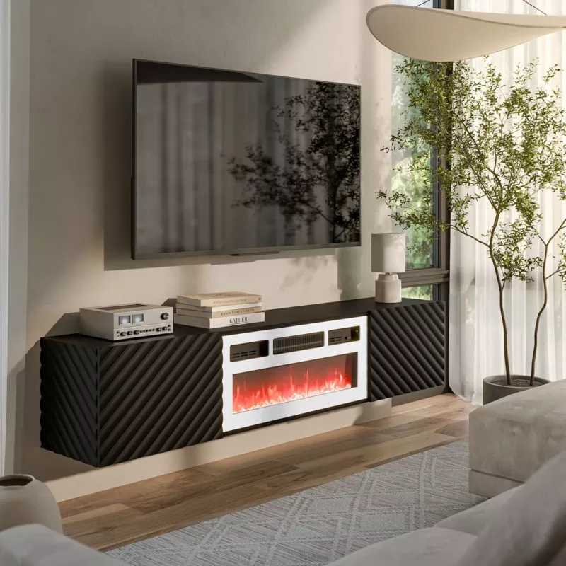 Cama RTV spintelė LARA 183x35x37 juodas matinis + baltas židinys