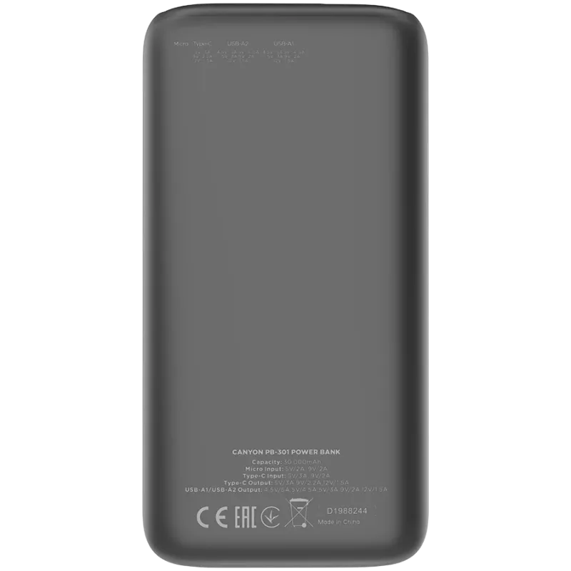 Canyon Powerbank PB-301 30000 mAh PD/QC/Display juoda mažmeninė
