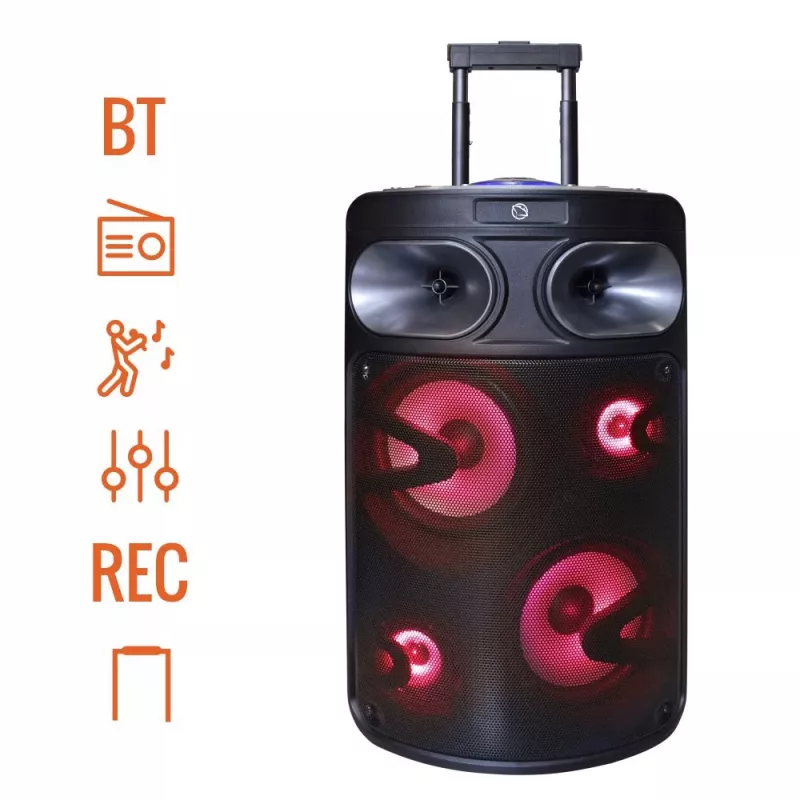 Nešiojamasis Bluetooth karaoke garsiakalbis MANTA SPK0803B140 140 W, maitinamas baterijomis, MIC/USB/microSD, FM, ekvalaizeris, ratukai