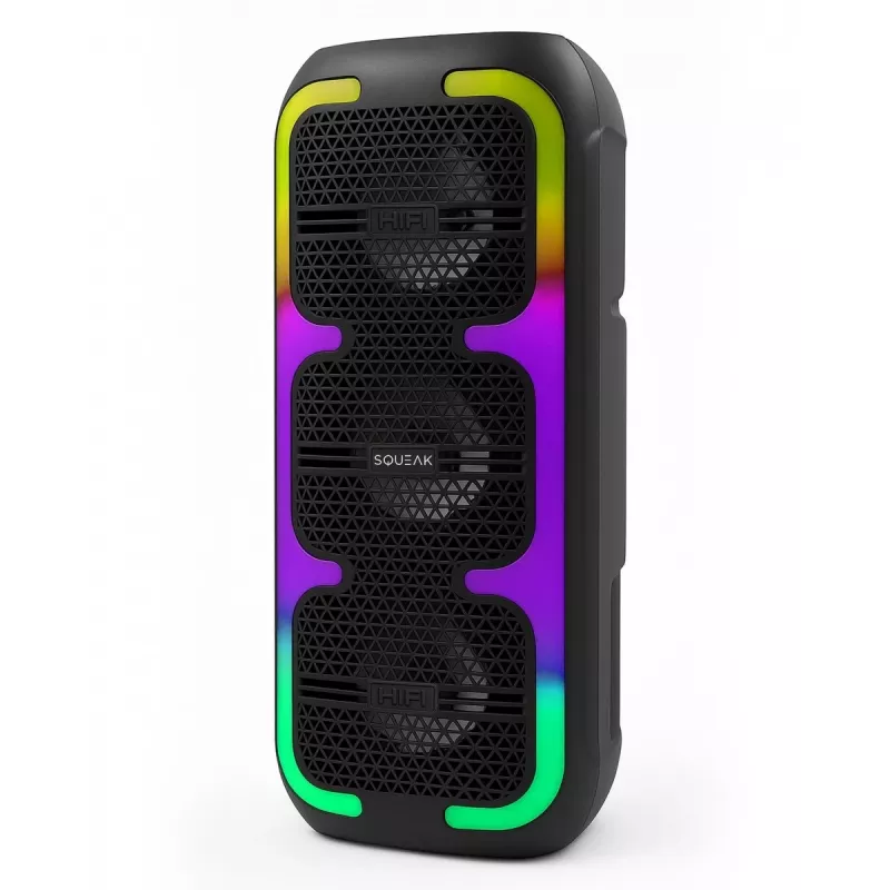 Nešiojamas stereofoninis garsiakalbis SQUEAK SQ1009 — Bluetooth 5.3, 45 W RMS, 10 val. baterija, FM, USB, AUX, LED, 1800 mAh, juodas