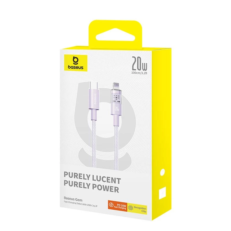 USB-C į Lightning greito įkrovimo laidas Baseus Gem 1 m 20 W violetinis, nailono apvalkalas, 7 kontaktų Lightning