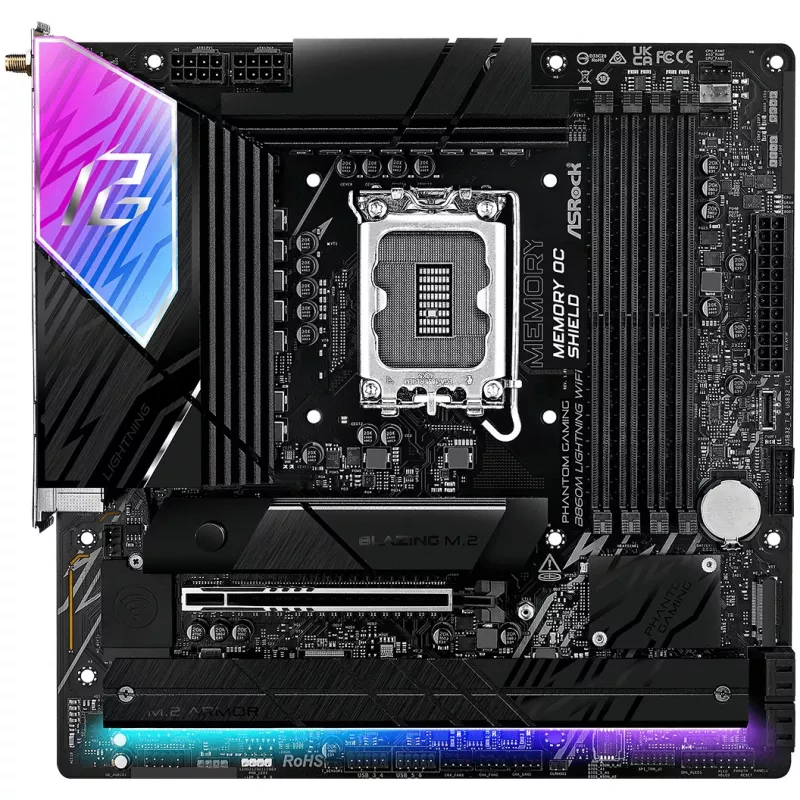 Pagrindinė plokštė ASRock B860M Lightning WiFi — Intel B860, LGA1851, microATX, DDR5, 4 DIMM, Wi‑Fi 6E, 2.5Gb LAN, Thunderbolt 4