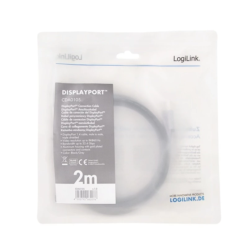 DisplayPort kabelis LogiLink CDA0105 2 m Juoda Pilka