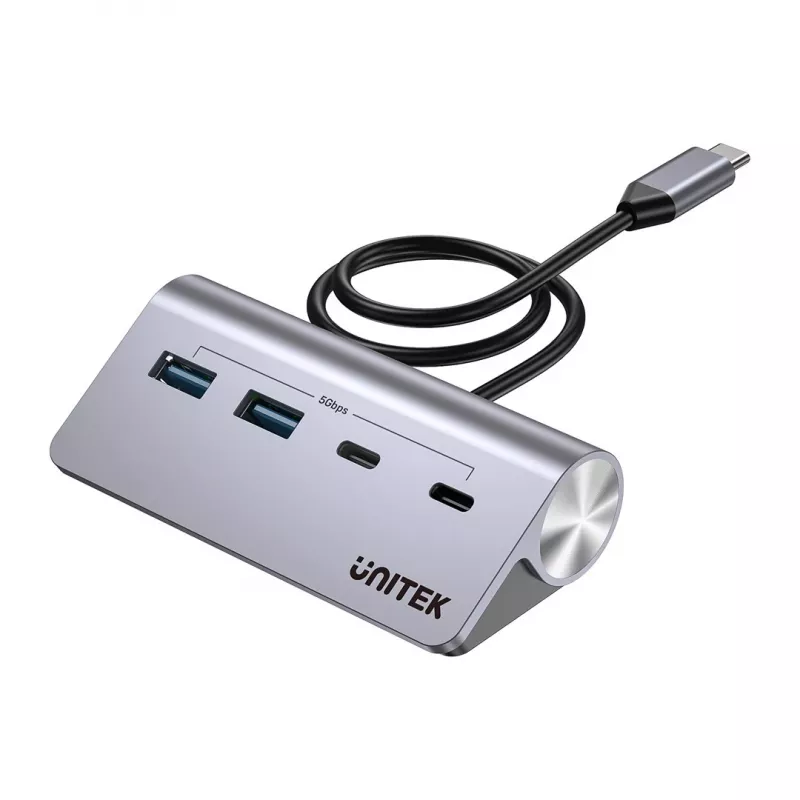 USB šakotuvas Unitek H1337AGY01 — 4 prievadų (2×USB-C, 2×USB-A), iki 5 Gbps vienam prievadui, aliuminis, sidabrinis