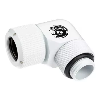 Fitting BitsPower BP-DWE90RMLA12 — žalvarinė 90° kampinė jungtis, balta, Ø 12 mm
