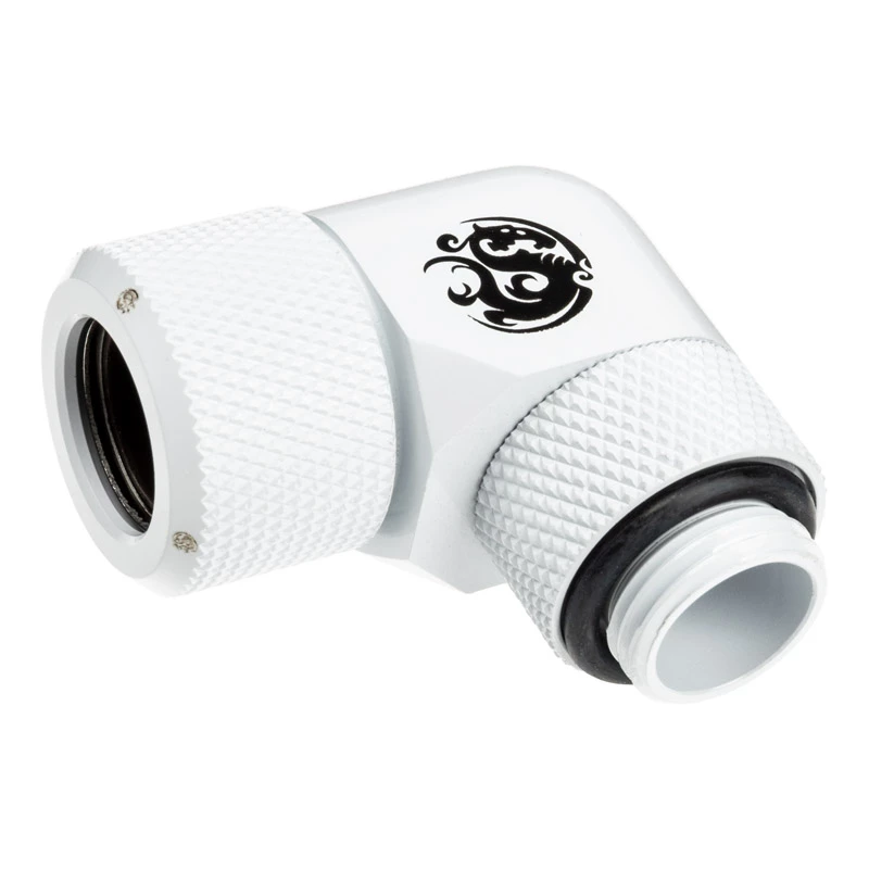 Fitting BitsPower BP-DWE90RMLA12 — žalvarinė 90° kampinė jungtis, balta, Ø 12 mm