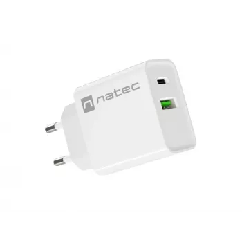 Vidinis AC greito įkrovimo įkroviklis NATEC RIBERA 12V 20W USB-C PD 3.0 + USB-A Samsung AFC baltas