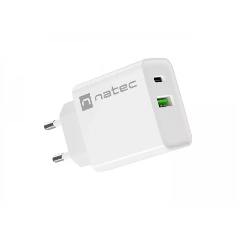 Vidinis AC greito įkrovimo įkroviklis NATEC RIBERA 12V 20W USB-C PD 3.0 + USB-A Samsung AFC baltas
