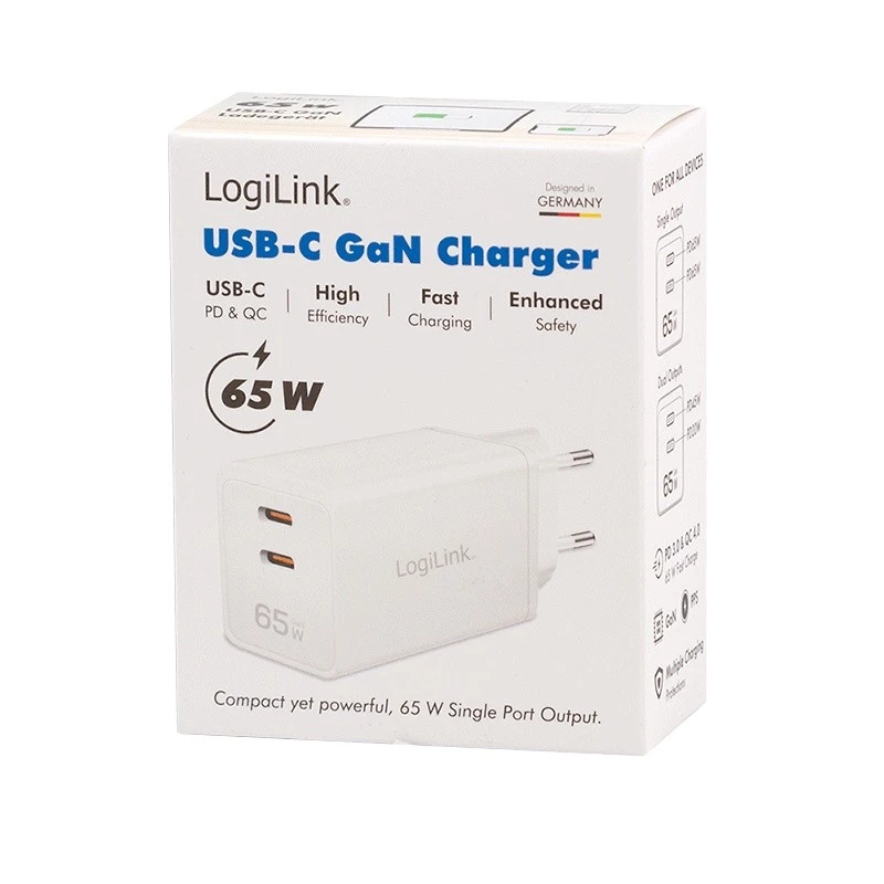 Dvigubas USB lizdo adapteris 65 W, 2 x USB-C, baltas