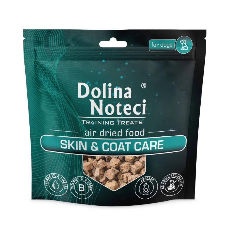 Šunų dresūros skanėstai Dolina Noteci Skin and Coat 130 g — jautienos skonio, baltymai 26%, riebalai 15%