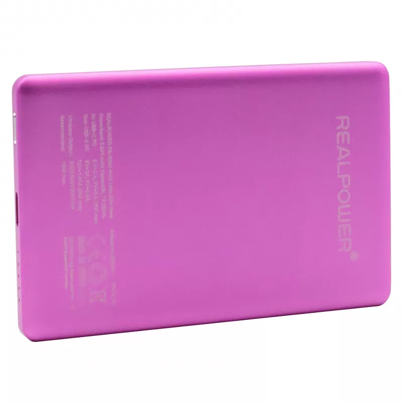 Išorinė baterija RealPower PB-5000 MAG 5000 mAh, belaidis įkrovimas, USB-C, 20 W, rožinė