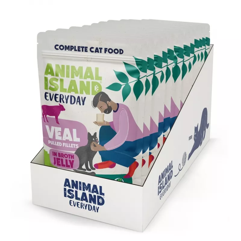 Šlapias kačių maistas animal island Everyday Jelly Veal — 12 x 85 g pakelių, suaugusioms katėms, be cukraus/sojos/glitimo