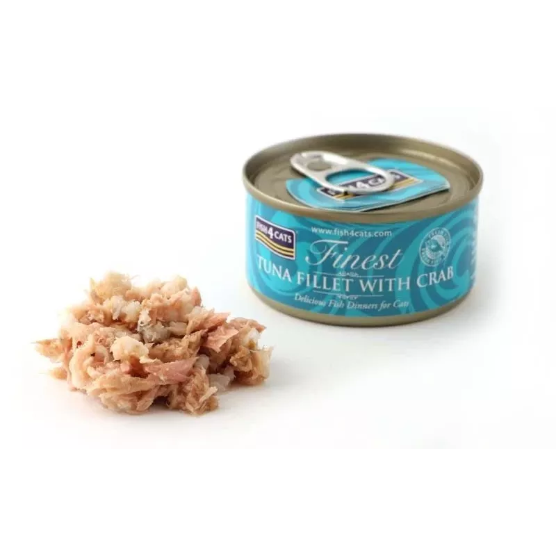 Šlapias kačių maistas FISH4DOGS Tuno filė su krabu 70 g — skardinė, 70 g, 85% drėgmės, 12% baltymų