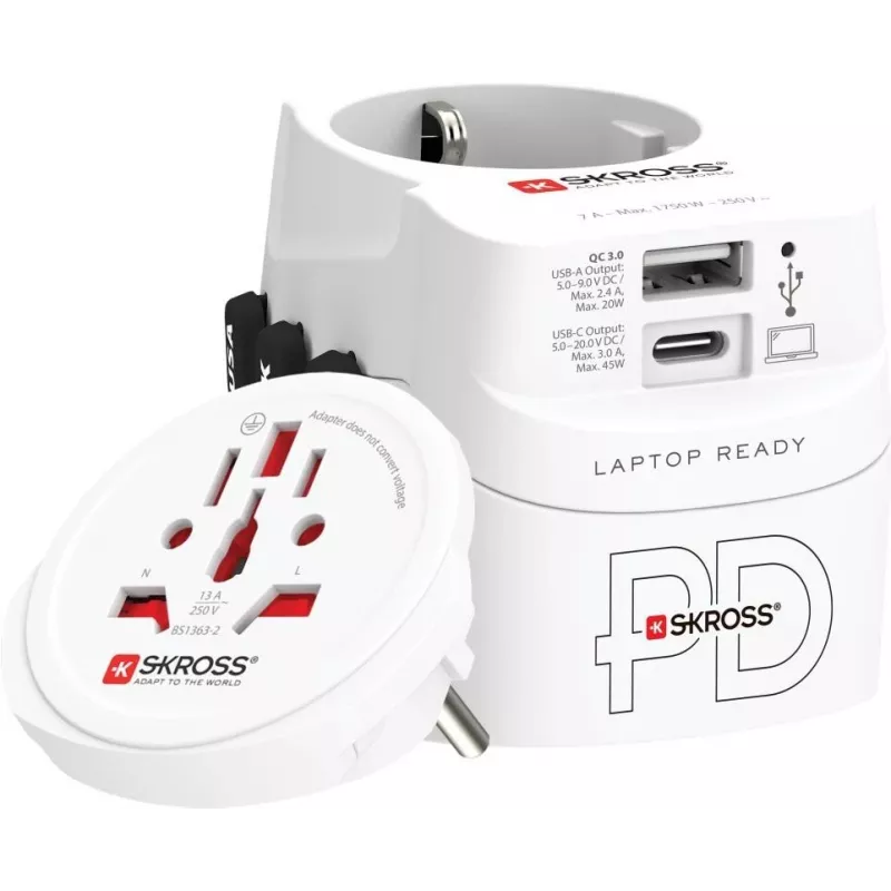 Kelioninis maitinimo adapteris SKROSS 1.302474 ES/PR/JSV/JK/AU lizdams, 100–250 V AC, 7 A, USB 45 W