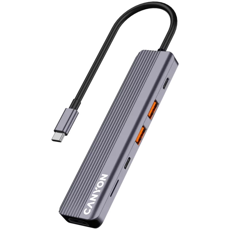 USB Type-C šakotuvas CANYON DS-17 — HDMI, USB 3.2 Gen 1 A, USB-C, MicroSD, 10000 Mbit/s, pilkas