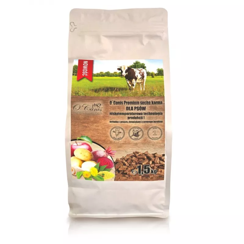 Sausas šunų maistas o'canis Premium su jautiena, soromis, bulvėmis ir burokėliais, visavertis pašaras, 1,5 kg, 27% baltymų