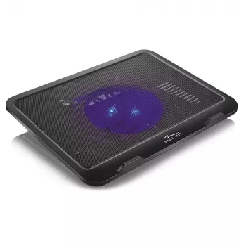 Aušinimo padėklas MEDIA-TECH MT2660 — USB maitinamas nešiojamojo kompiuterio aušintuvas, 1 ventiliatorius 13,5 cm, 20 CFM, 1000 RPM, 330×250×40 mm, 327 g, apšvietimas