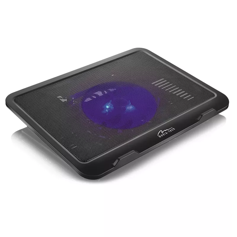 Aušinimo padėklas MEDIA-TECH MT2660 — USB maitinamas nešiojamojo kompiuterio aušintuvas, 1 ventiliatorius 13,5 cm, 20 CFM, 1000 RPM, 330×250×40 mm, 327 g, apšvietimas
