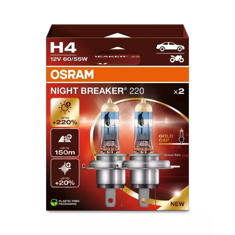 Halogen headlight bulb Osram NIGHT BREAKER 220 H4 — twin pack, 12V 60/55W