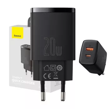 Vidinis USB greitasis įkroviklis Baseus CCXJ-B01 – 2 prievadai (USB-C PD 20W + USB-A QC3.0 18W), 100–240 V, juodas