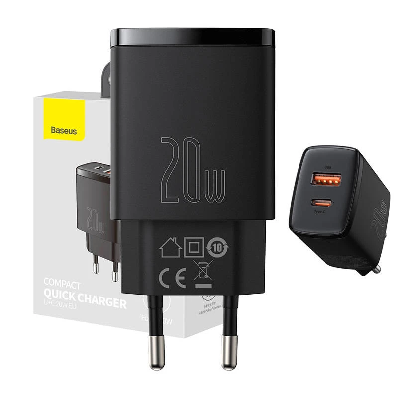 Vidinis USB greitasis įkroviklis Baseus CCXJ-B01 – 2 prievadai (USB-C PD 20W + USB-A QC3.0 18W), 100–240 V, juodas