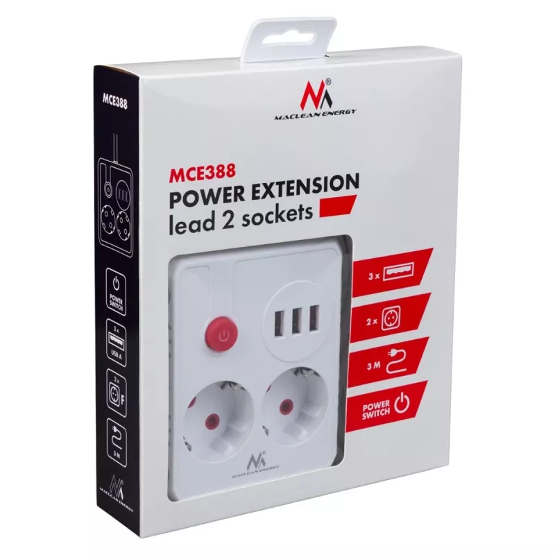 Maitinimo lizdų blokas MACLEAN MCE388 W — 2 lizdai, 3×USB, 110–240V, 2500W, 3 m laidas, baltas
