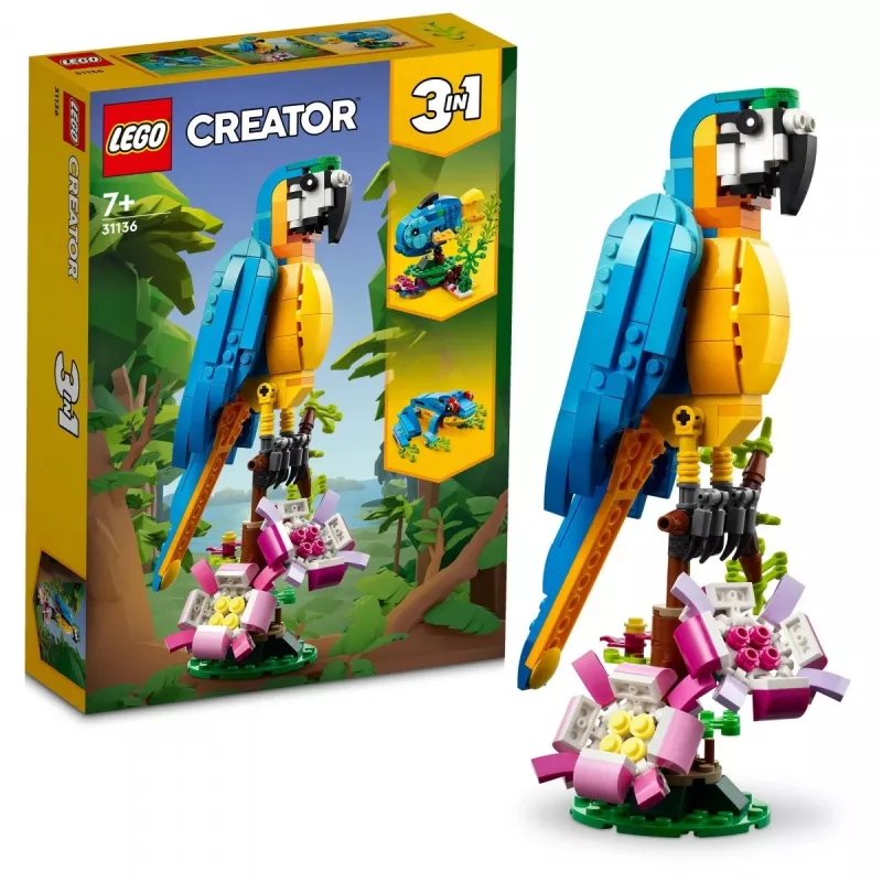 LEGO konstravimo rinkinys Egzotiška papūga 31136 — Creator parodomasis modelis, 253 dalys, 220×120×110 mm