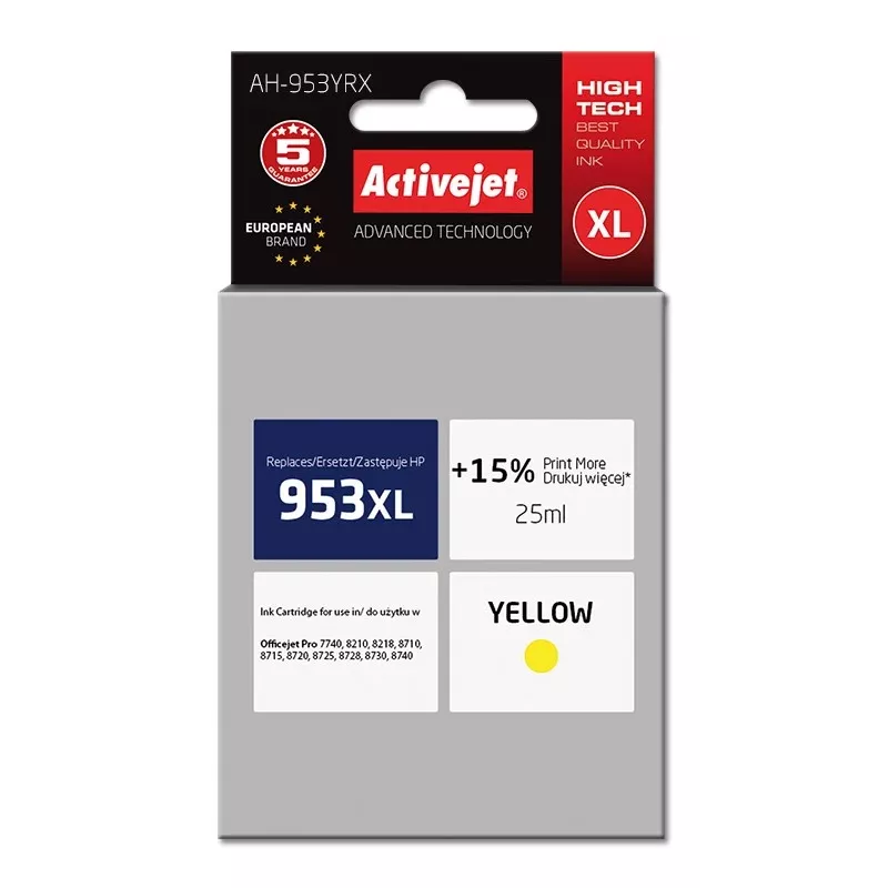 Rašalo kasetė ActiveJet AH-953YRX suderinama su HP 953XL, geltona, 25 ml, didelio našumo (XL), dažų pagrindo