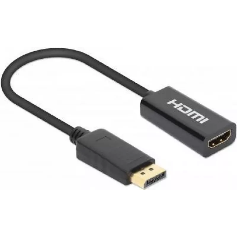 Manhattan DisplayPort 1.2 į HDMI aktyvus adapteris, 4K@60Hz, 15cm, kištukas į lizdą, DP su fiksatoriumi, juodas, ne dvikryptis, trejų metų garantija, atitinka DP2HD4K60S