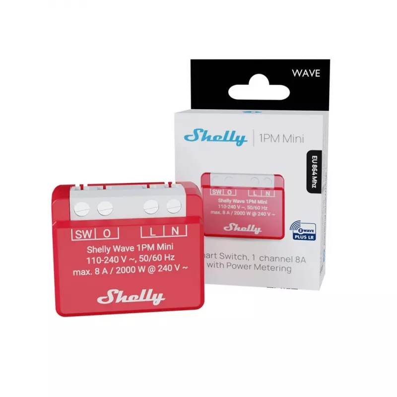Sieninė išmanioji relė „Shelly 1PM“ – vieno kanalo Z-Wave mini jungiklis, 110–240 V, 8 A, 2000 W, 868,4 MHz