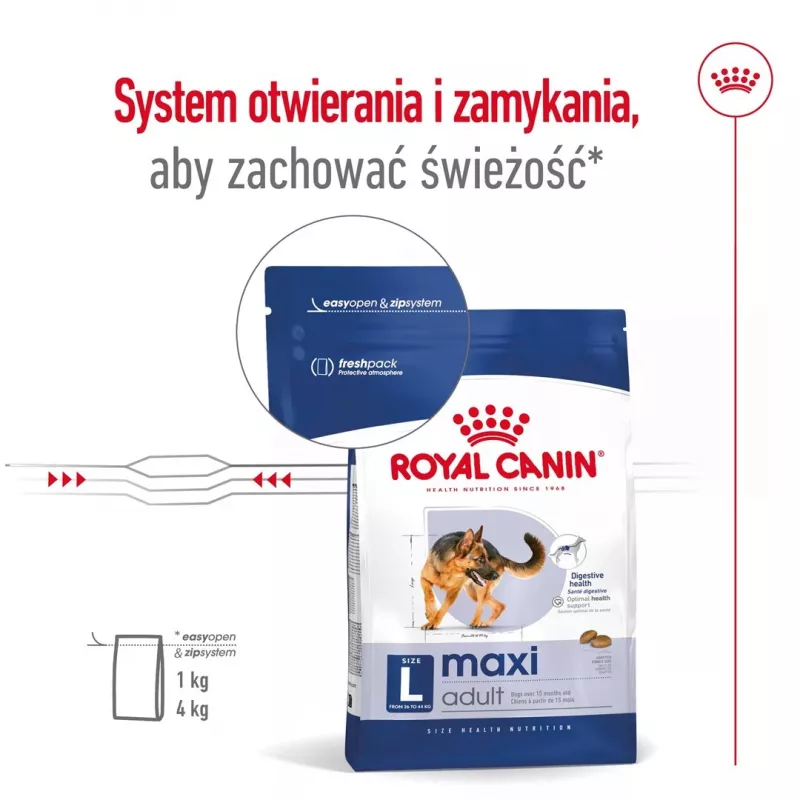 Sausas šunų maistas Royal Canin Maxi Adult 15 kg — Vištiena, 26% baltymų, 17% riebalų, virškinimo palaikymas