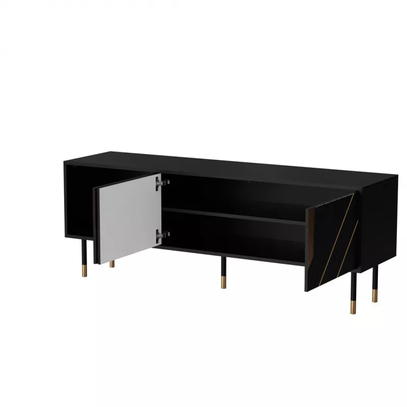 TV spintelė Cama Meble MOUNTAIN 154x40x55 cm — medžio drožlių plokštės viršus, juoda ir auksinė